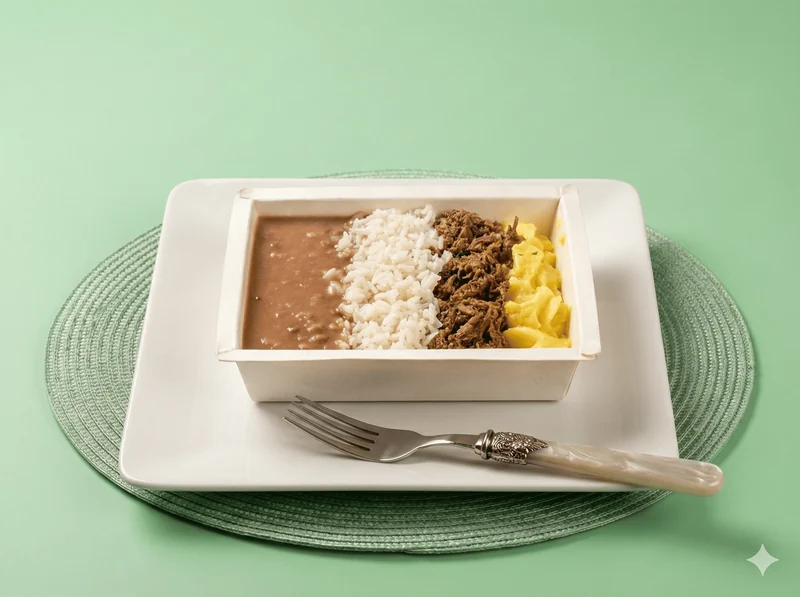 Marmita Takefoods de carne desfiada, purê de mandioquinha, arroz e feijão