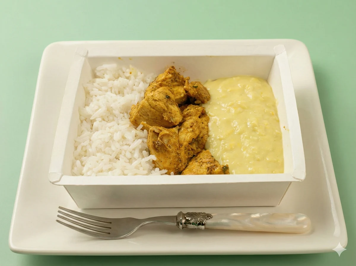 Marmita Takefoods de cubos de frango, arroz e creme de milho